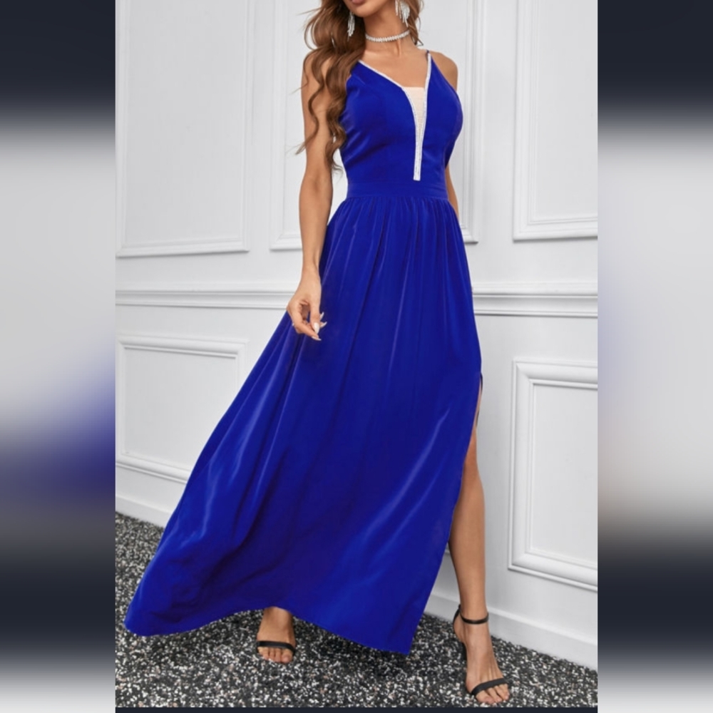 Blue Slide Split Deep V Neck Maxi Dress